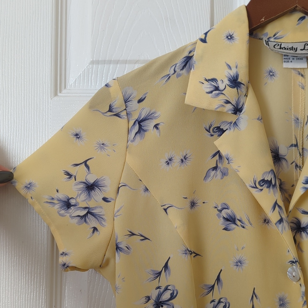 Christy Lyn 90's Vintage Floral Short Sleeve Button Front Midi Dress Yellow 4 - Picture 4 of 14